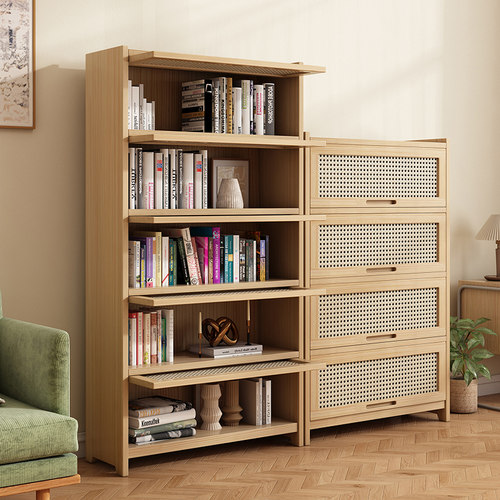 家用置物落地立柜藤编全实木书架多层客厅大储物收纳柜书柜组合柜 - 图2