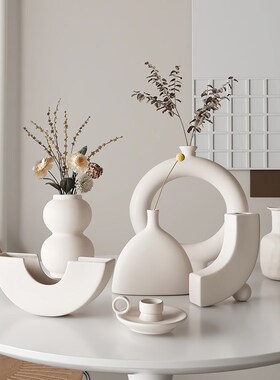 速发侘寂风素胚陶级花品客厅插花创意高瓷感小众干花家居软装饰瓶