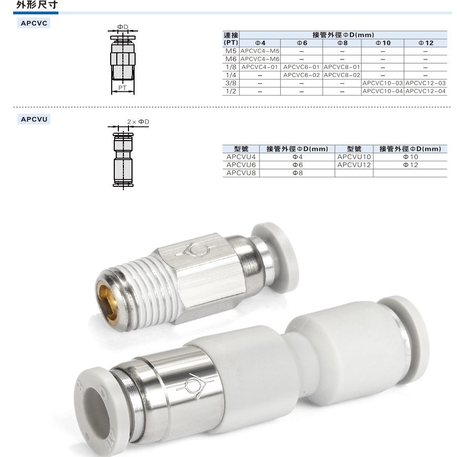 亚德客气动单向阀止回阀快速接头X-APCVC APCVU 4 6 8 10-M5-01 - 图2