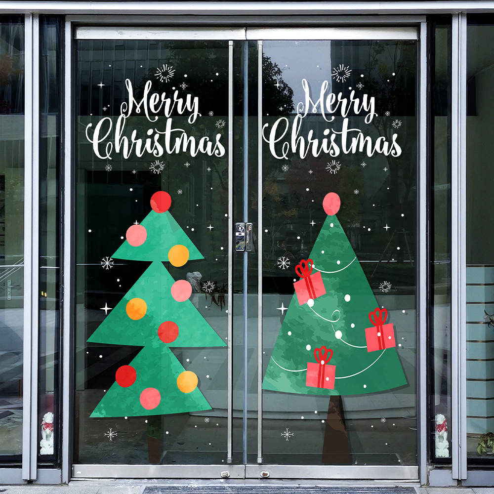 圣诞树窗贴手绘抽象艺术蜡笔素描圣诞老人网红店铺圣诞节UV玻璃贴 - 图1