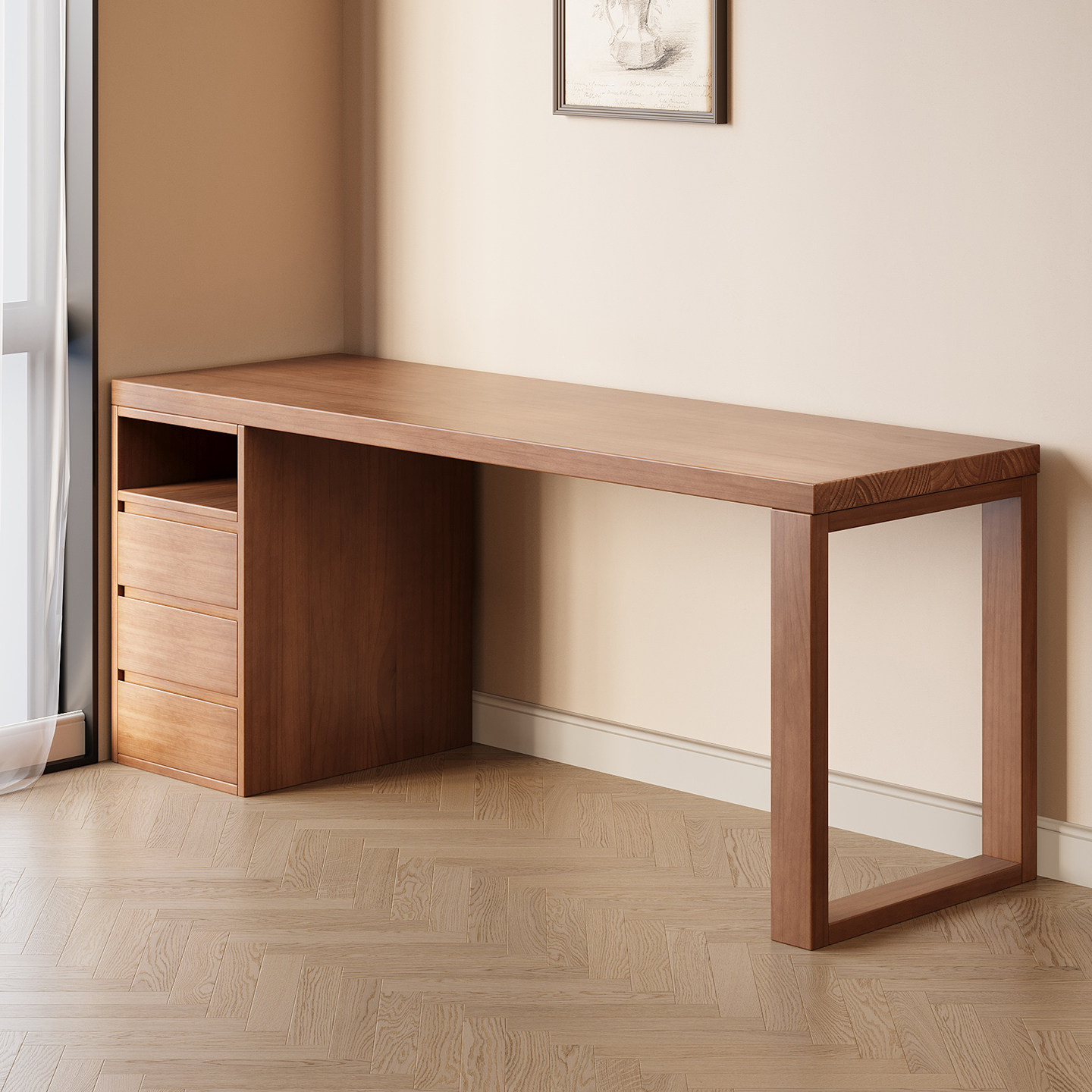 书桌书柜一体靠墙家用实木学习桌写字桌长条桌卧室工作台储物抽屉,淘宝优惠券,粉丝福利购,淘宝优惠卷