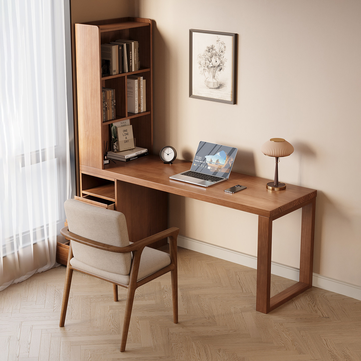 书桌书柜一体靠墙家用实木学习桌写字桌长条桌卧室工作台储物抽屉,淘宝优惠券,粉丝福利购,淘宝优惠卷