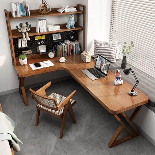转角书桌书架一体家用卧室床边电脑桌实木书桌书架一体台式电脑桌 - 图3
