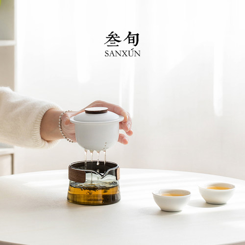 叁旬锦心快客杯便携式旅行茶具套装一壶三杯泡茶壶露营户外收纳包 - 图0