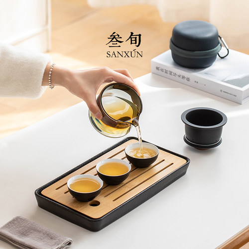 叁旬锦心快客杯便携式旅行茶具套装一壶三杯泡茶壶露营户外收纳包 - 图2