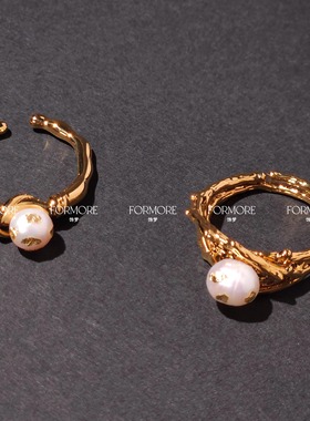 法式复古优雅淡水珍珠戒指开口戒可调金箔点缀绕线镂空显贵轻奢