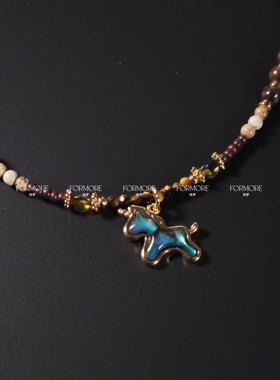 小马吊坠复古民族风串珠项链锁骨链高级感毛衣链松石独角兽虎眼石