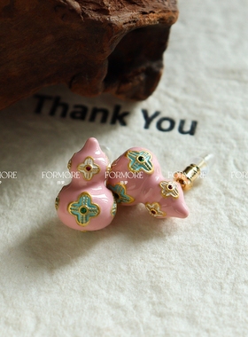 粉色葫芦福禄串珠项链耳钉复古滴油新中式高级感首饰新年毛衣链