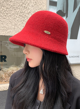 秋冬新款盆帽羊毛混纺渔夫帽女显脸小百搭时尚不规则宽檐保暖帽子