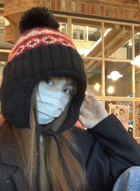 费尔岛风毛线帽女秋冬季复古百搭大头围保暖针织帽显脸小护耳帽子