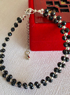 天然黑尖晶石手链女款 手工编织可调节切面超闪单圈黑色水晶手串