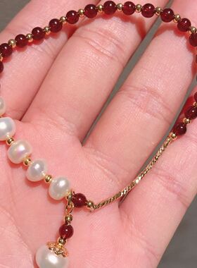 天然淡水真珍珠石榴石酒红色简洁手链ins小众百搭手串真珍珠手链