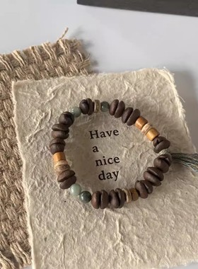 新中式手工天然（真）咖啡豆天然石百香籽檀木椰片拼接咖啡豆手串