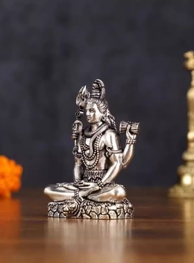印度国际直邮黄铜细银表面Shiva湿婆神冥想像 - 3 英寸 迷你摆件