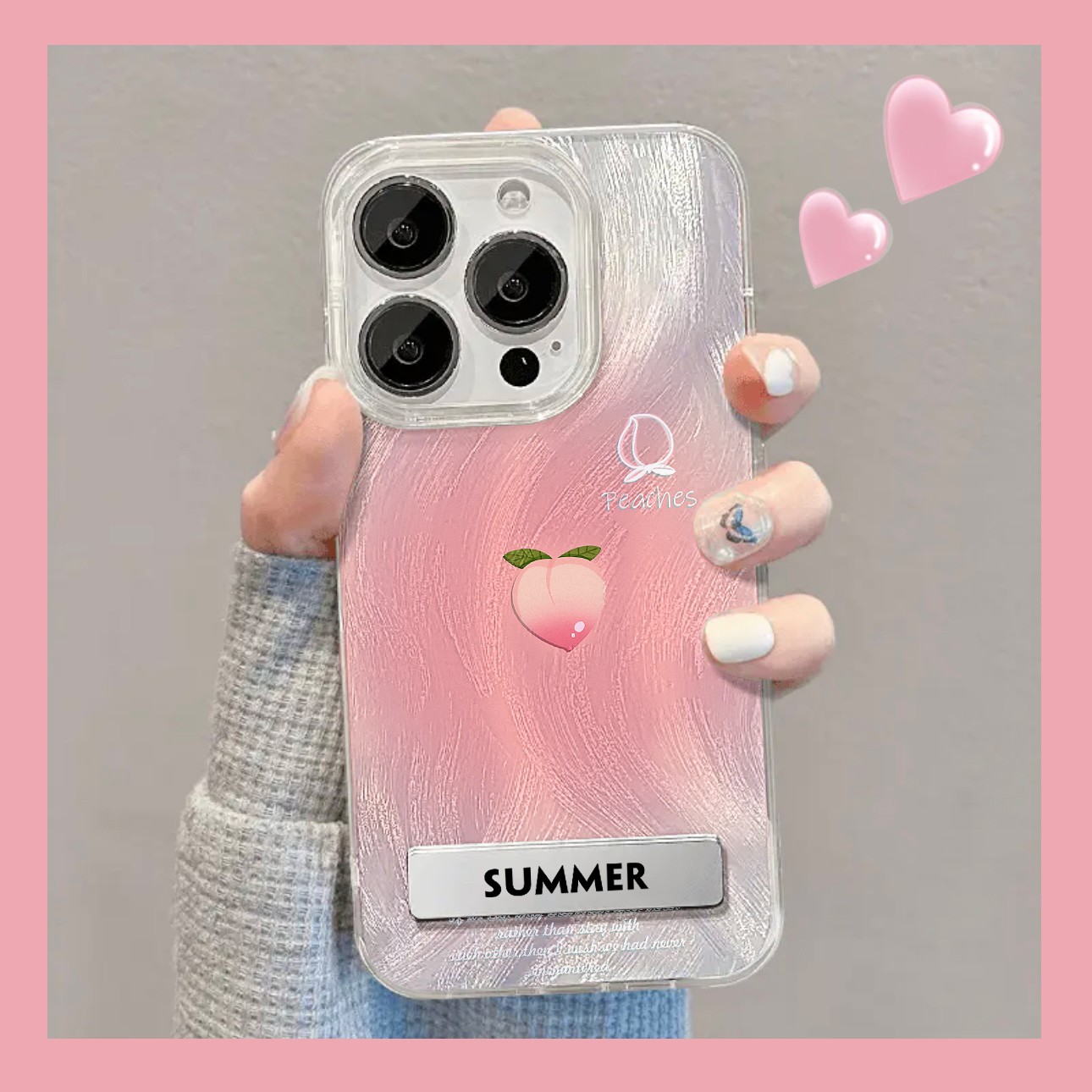 夏日粉水蜜桃适用新女款苹果15手机壳支架iPhone14promax羽纱荣耀90华为mate60小米13oppoReno9软壳vivox90套