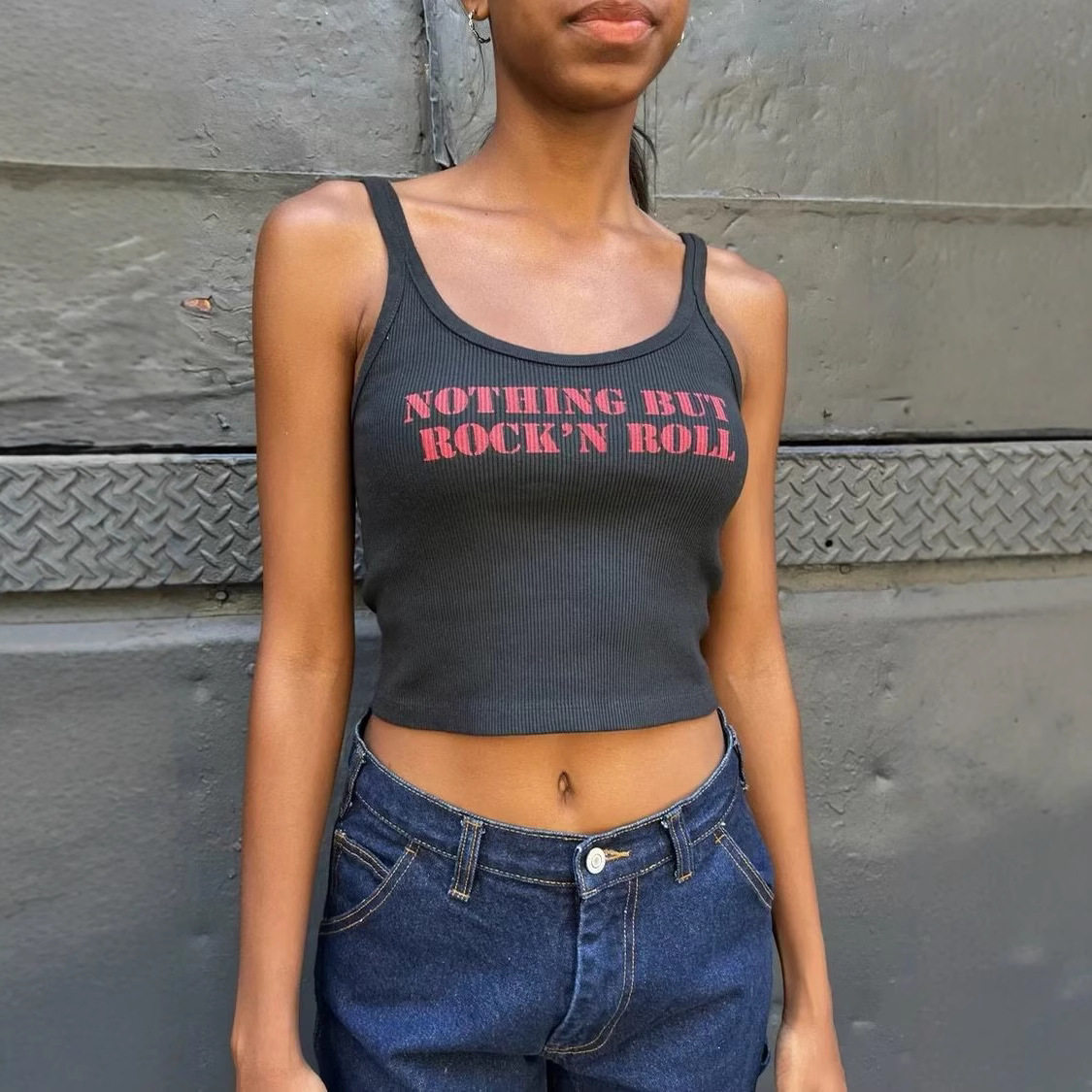 BM风美式复古NOTHING字母印花螺纹吊带背心女 bm辣妹高腰露脐上衣,淘宝优惠券,粉丝福利购,淘宝优惠卷