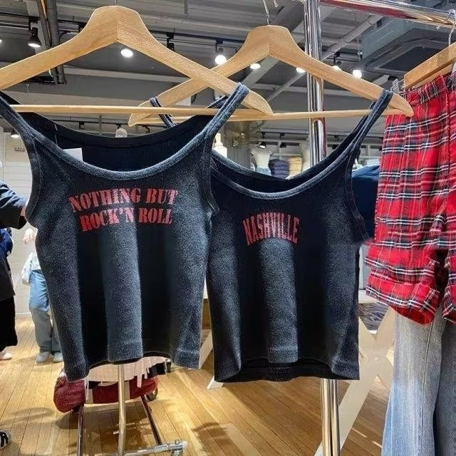 BM风美式复古NOTHING字母印花螺纹吊带背心女 bm辣妹高腰露脐上衣,淘宝优惠券,粉丝福利购,淘宝优惠卷