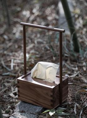 茶室纸巾盒抽纸盒复古黑胡桃木简约禅意新中式榫卯实木餐巾纸盒