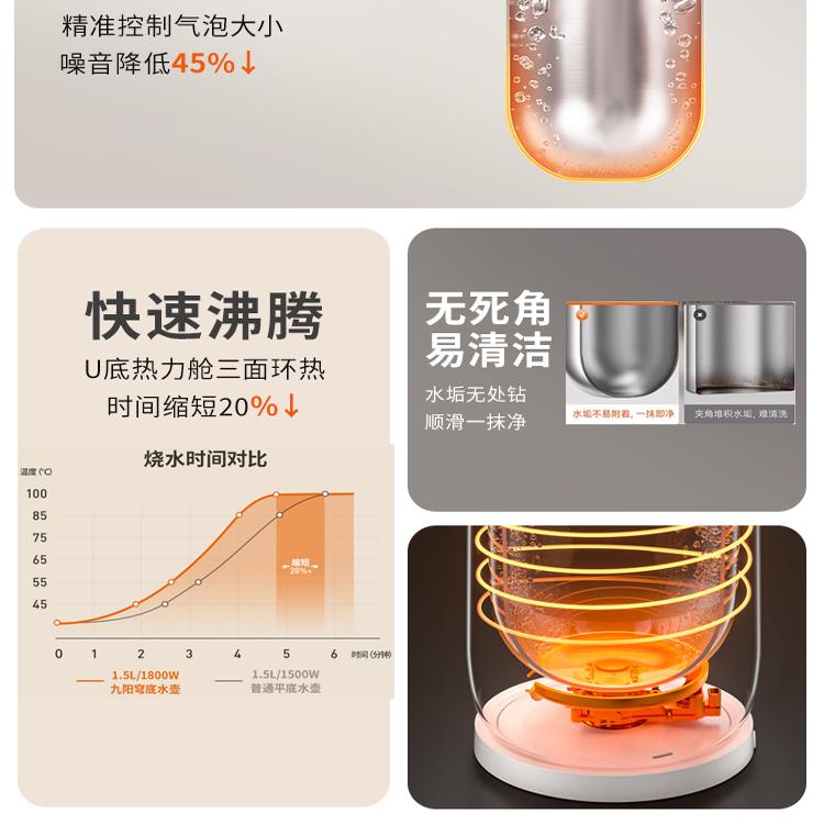 九阳电热水壶家用304钢烧水壶全自动不锈钢轻音速热除氯电热水壶