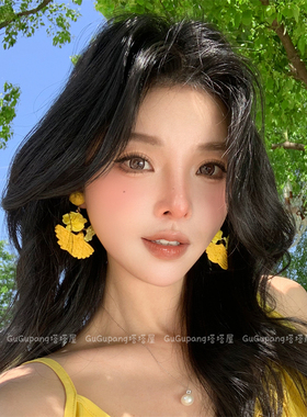 波西米亚黄色草编花朵耳环