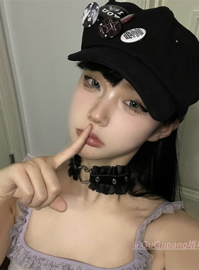 亚比朋克小猫恶魔耳朵八角宽檐鸭舌帽黑色女胸针多徽章猫猫棒球帽