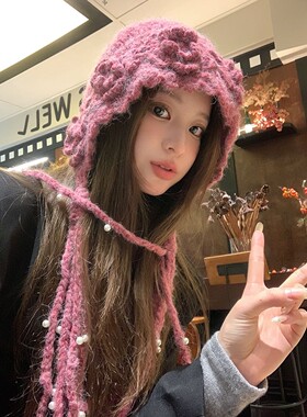 落雪白100纯手工帽子女冬2024新款羊毛流苏毛线帽绑带护耳雷锋帽