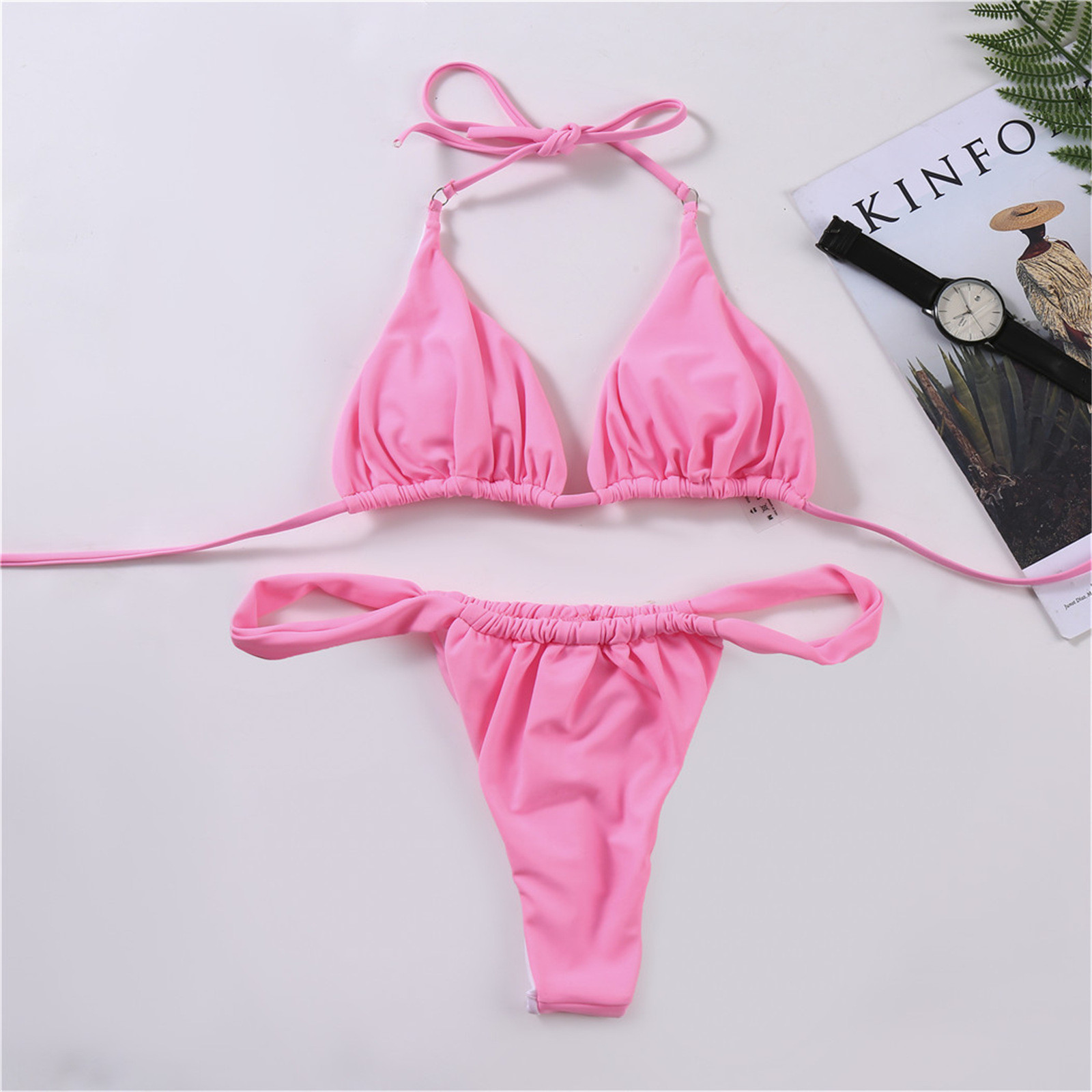 Strap solid color gathered split swimsuit 绑带纯色分体泳衣女 - 图3