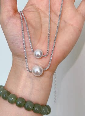 925银闪链进口施家亮白珍珠女士锁骨链choker项链轻奢小众单叠戴