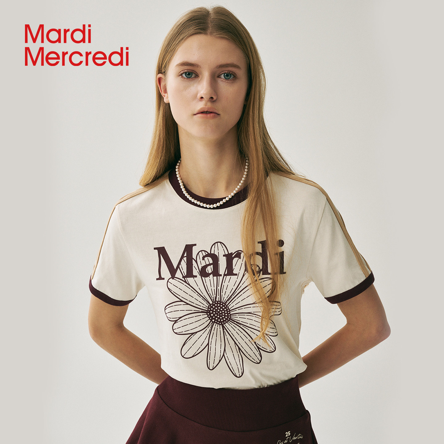 MardiMercredi拼色小雏菊插肩短袖T恤正肩上衣女美式复古夏季新款