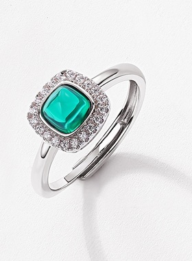 新款培育祖母绿戒指S925银镀18K金镶嵌光面彩宝宝石开口指戒饰品