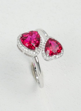 爱心形培育红宝开口戒指S925厚银镀18K金PT950铂金围镶培育彩宝