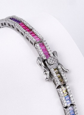 新款单排璀璨彩锆手链女S925银镀18K金镶七色彩虹彩宝宝石手饰风