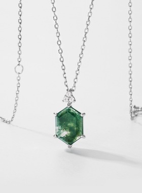 几何独特天然水草玛瑙项链吊坠S925银镀18K金PT950铂金苔藓石戒指