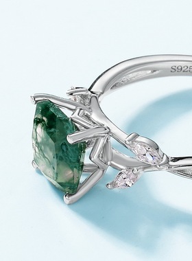 新款橄榄枝水草玛瑙戒指S925银镀18K金镶彩宝宝石绿苔藓石开口戒