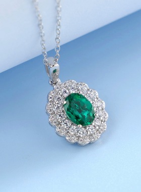 培育祖母绿项链女S925银镀18K金PT950铂金培育彩宝锁骨链复古轻奢