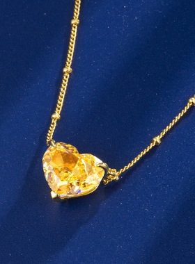 几何爱心心形黄色高碳钻项链女款S925银镀18K金镶嵌彩宝宝石项链