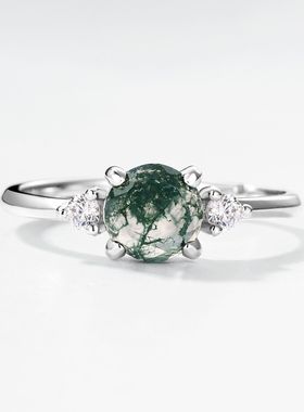 几何天然绿苔藓石戒指S925银镀18K金PT950铂金镶水草玛瑙开口戒