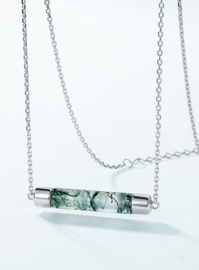 简约灯管绿苔藓石项链S925银镀18K金PT950铂金天然水草玛瑙锁骨链