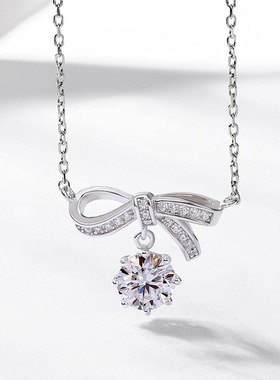 新款蝴蝶结项链S925银镀18K金璀璨莫桑石满钻锁链女彩宝宝石轻奢