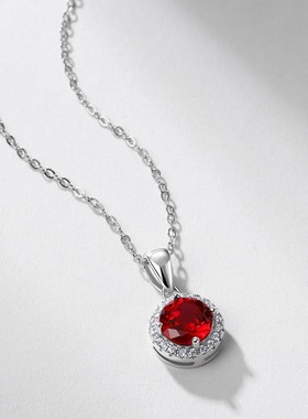 培育红宝项链女S925银镀18K金PT950铂金镶圆形培育彩宝锁骨链轻奢