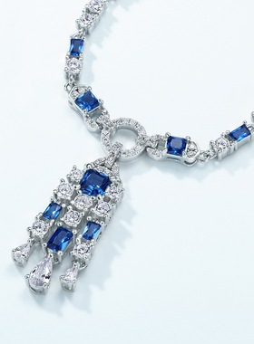 冰花切高碳钻长款项链S925银镀18K金满镶璀璨彩宝宝石锁骨链时尚