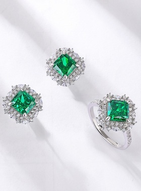 新品S925银镀18K金镶嵌彩宝宝石高碳钻戒指兼吊坠两用祖母绿银饰