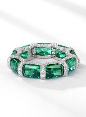 新款绿单排满钻戒指S925银镀18K金高碳钻女戒彩宝宝石绝美高级感