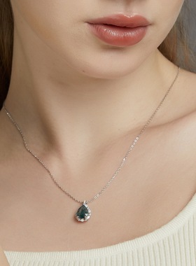 新品S925银镀18K金绿苔藓吊坠女锁骨项链水草玛瑙项坠彩宝宝石