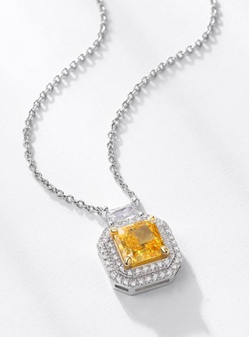 S925银镀18K金镶嵌彩宝宝石冰花切高碳钻正方锁骨链黄钻项链颈饰