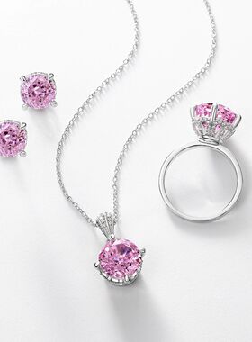 威尔盛珠宝S925银镀18K金镶嵌彩宝宝石高碳钻粉钻莲花项链女款