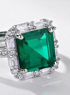 培育祖母绿开口戒指S925银镀18K金PT950铂金培育彩宝钻戒轻奢复古