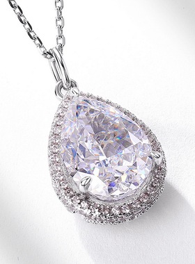 水滴冰花切高碳钻吊坠S925银镀18K金镶嵌满钻彩宝宝石项坠大气