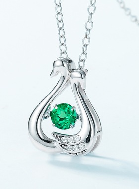 潮流天鹅项链女S925银镀18K金镶嵌彩宝宝石培育祖母绿复古锁骨链