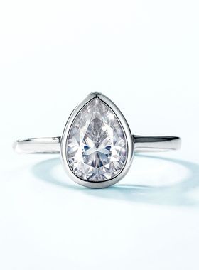 水滴璀璨莫桑石戒指女S925银镀18K金镶彩宝宝石D色莫桑指戒简约